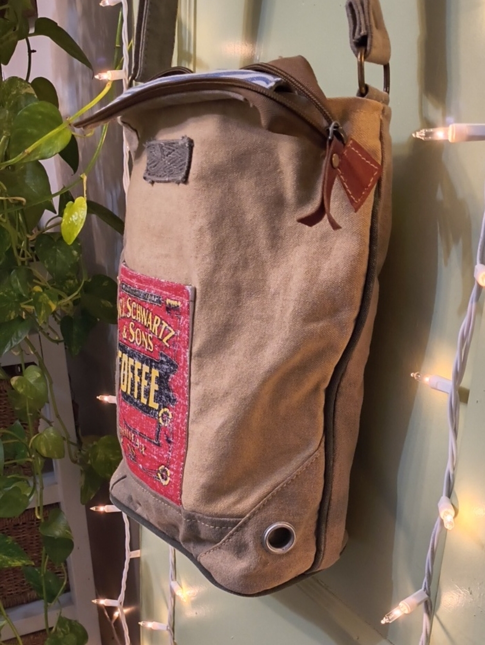 Women's W.H. Schwartz & Sons Coffee Tan Red Canvas Crossbody Bag Purse - Picture 5 of 16